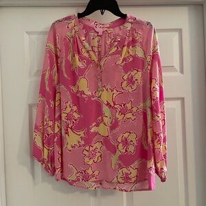LILLY PULITZER Elsa Silk Blouse gold buttons 
Size M medium pink yellow white
